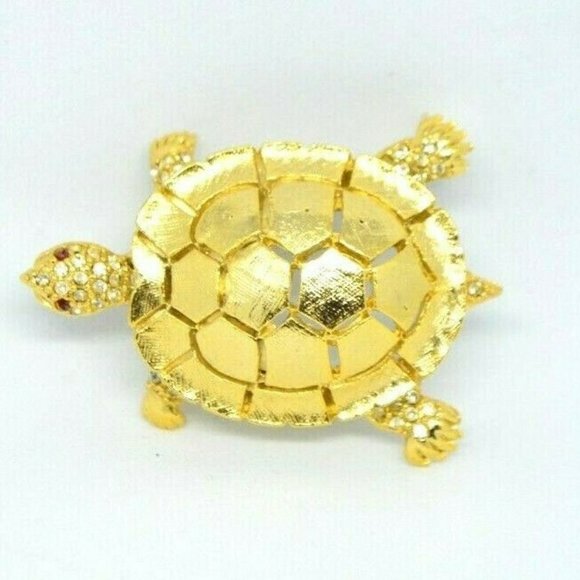 MC58 Jewelry - Clear Red Rhinestone Turtle Gold Tone Pin Brooch